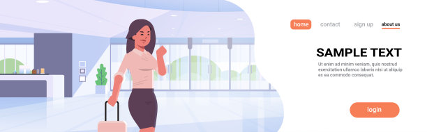 女商人拿着行李现代接待区女商人拿着手提箱女孩站在大堂现代酒店大厅内部平面横向肖像复制空间图片下载