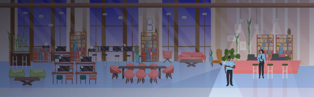保安夫妇与手电筒工作在创意联合工作中心现代办公室室内水平横幅图片下载