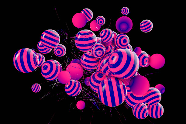 3D抽象光泽条纹球在黑色背景图片下载