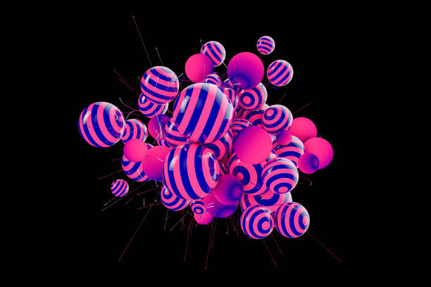 3D抽象光泽条纹球在黑色背景图片下载