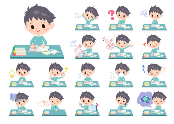 蓝色衣服男孩研究图片下载