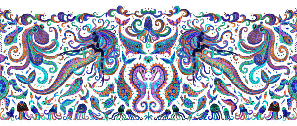 无缝边框图案的彩色手绘童话海洋动物和美人鱼。水彩幻想鱼，章鱼，海贝壳，泡沫在白色的背景。蜡染流苏，纺织印花图片下载