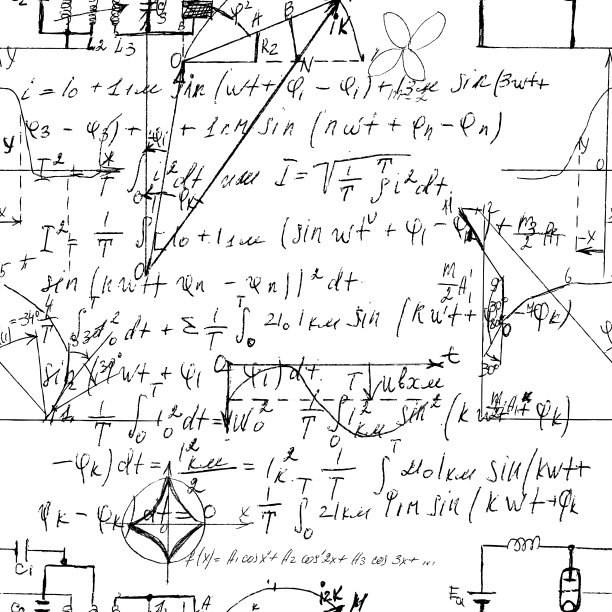 科学的无缝纹理，手写配方和电子元件。器件的物理原理图和电路。向量。图片下载