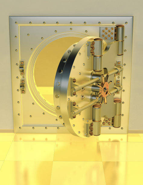 正面视图轻金银行金库门，关闭。三维渲染图片下载