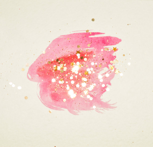 金色的闪光和闪烁的星星在抽象的粉红色水彩喷溅在复古的颜色。图片下载