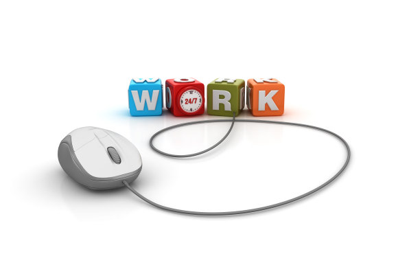 工作流行语立方体与时钟和电脑鼠标- 3D渲染图片下载