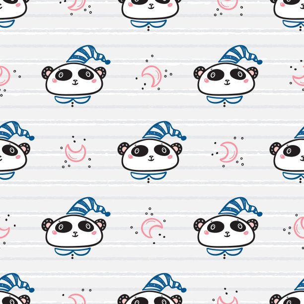 可爱的熊猫熊脸与月亮无缝图案。卡通动物头矢量条纹背景儿童时装设计图片下载