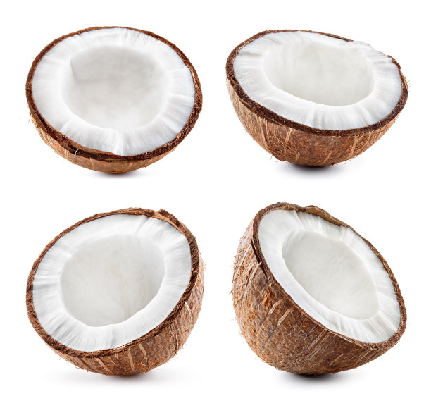 椰子片正面视图和椰子片侧面视图集。椰子孤立在白色。图片下载