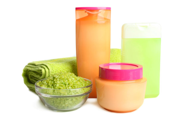 一套头发和身体护理产品，海盐和毛巾布图片下载