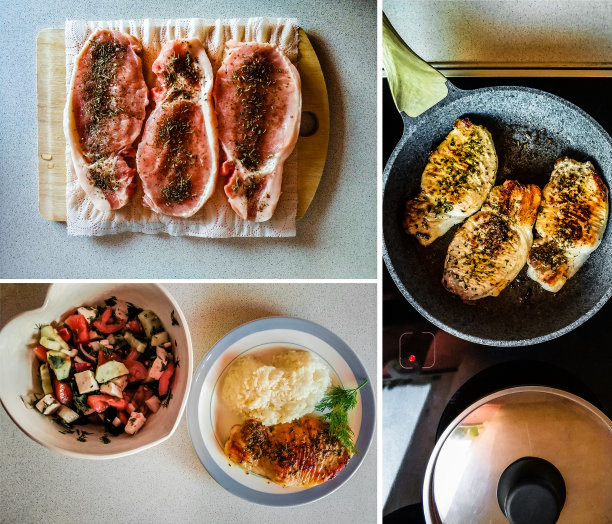 拼贴烹饪猪肉排。生的和烤的肉。图片下载