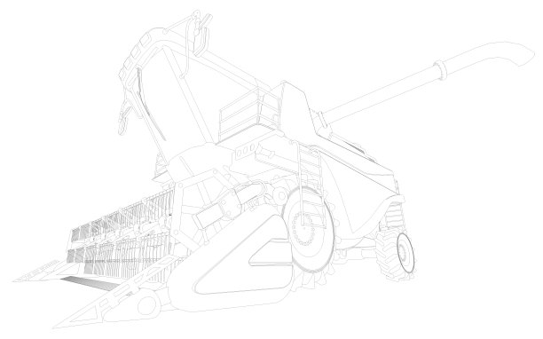 工业三维插图薄轮廓，详细的三维模型大黑麦联合收割机上白，农用车研究概念图片下载