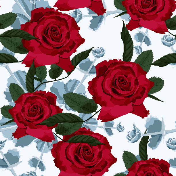 矢量春天花无缝模式与多肉植物和红玫瑰。优雅温柔的设计。可作为问候语、婚礼背景。最适合布料。蓝色的花朵纹理。白色背景。图片下载