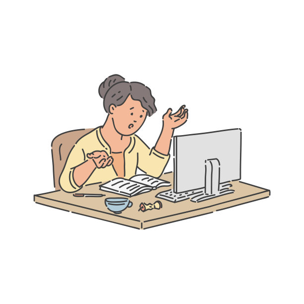 紧张的学校学生女孩坐在桌子上的笔记本和电脑显示器和学习在线。图片下载