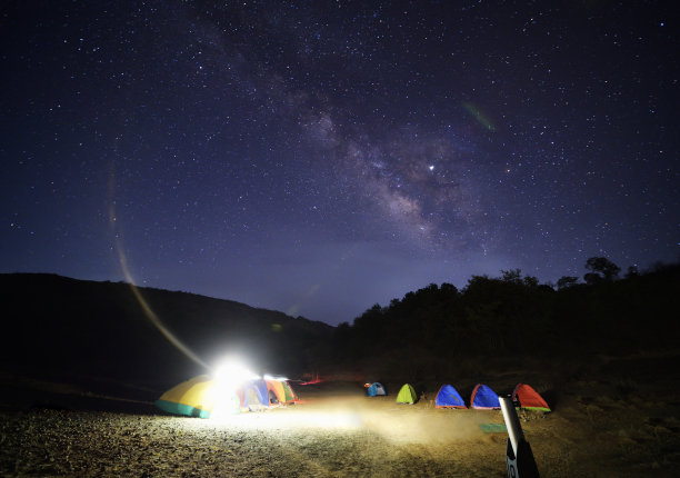 天空中的银河系，前景中有帐篷和望远镜图片下载