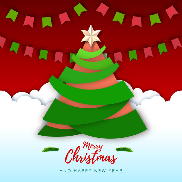 矢量插图的圣诞贺卡与圣诞树。折纸。剪纸艺术风格设计图片下载