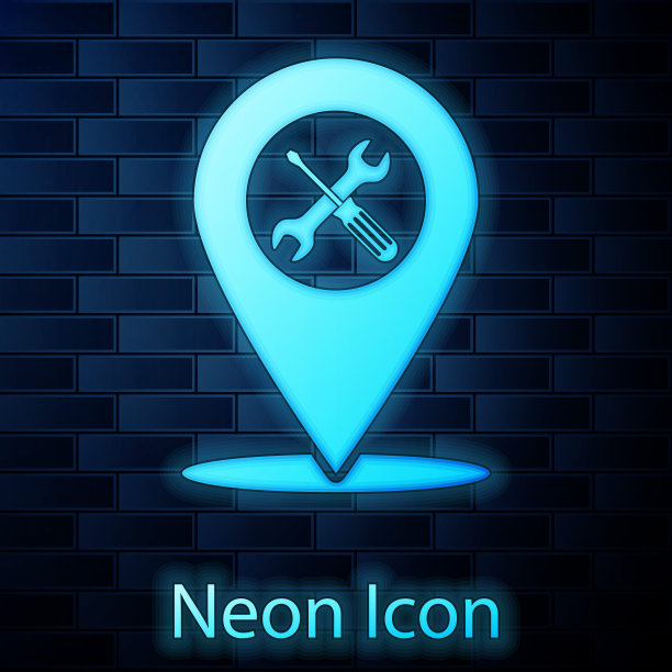 发光的霓虹灯位置与十字螺丝刀和扳手工具图标隔离在砖墙的背景上。指针设置的象征。矢量图图片下载