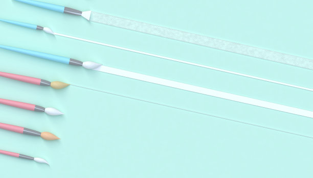 画笔艺术集和美丽的艺术品在工作室和最小的概念粉蓝色基调的背景- 3D渲染图片下载