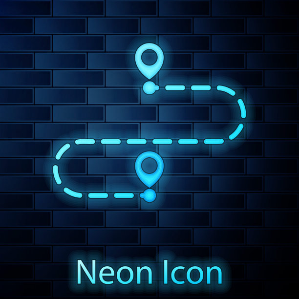霓虹灯路线位置图标孤立在砖墙背景上。地图上指针的迹象。道路的概念。GPS导航器。矢量图图片下载