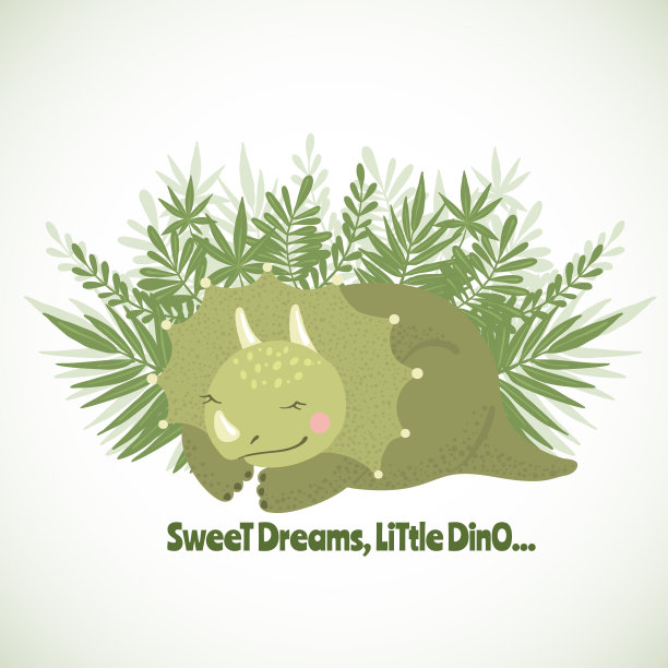 可爱的熟睡恐龙三角龙，长着绿叶。图片下载