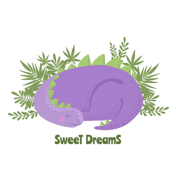 可爱的紫色睡觉恐龙和绿色的叶子。图片下载