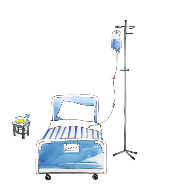 医院里有一张床，一个滴管和一个小便池。图片下载