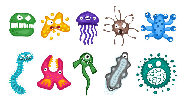 各种微生物病毒载体卡通细菌细菌表情符号字符集。细菌性疾病感染微生物学说明。在白色背景下孤立的微生物生物情绪图片下载