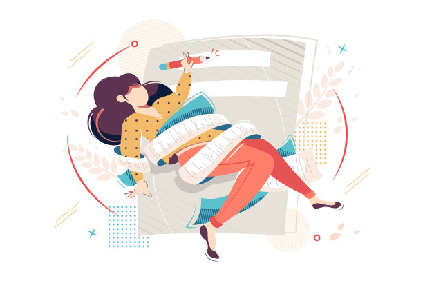 扁平的年轻女子裹在纸和铅笔创造文本内容。图片下载