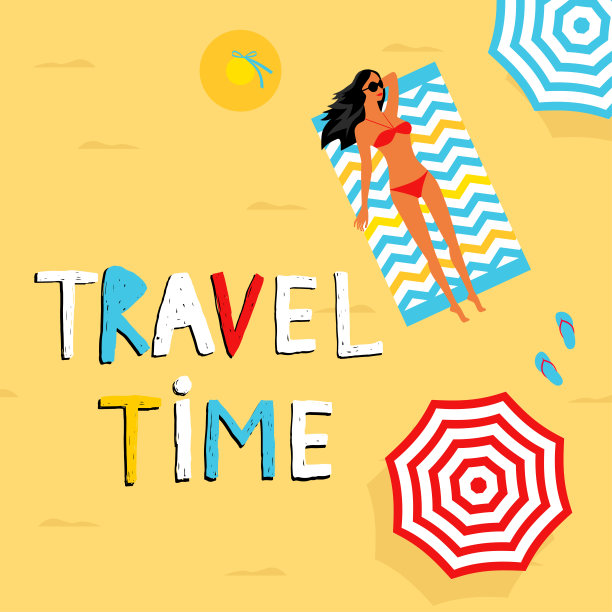 在海滩上晒太阳的女孩，沙滩伞，帽子，石板。图片下载