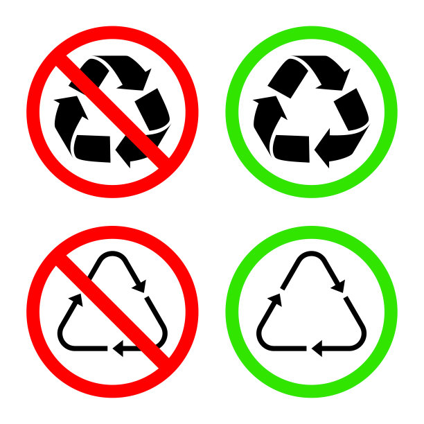 禁止和允许回收的标志。明亮的警告，白色背景上的限制标志。图片下载