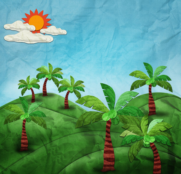 椰子公园复古风格的蓝天上，由回收纸工艺棍创造图片下载