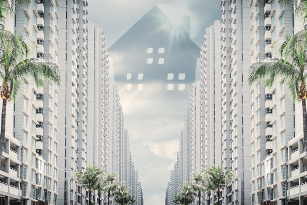 办公楼与宅院映在天空，现代商业中心。图片下载