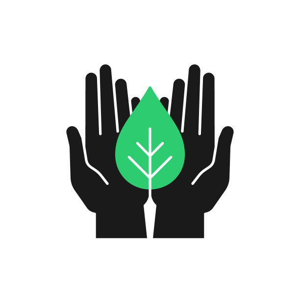 孤立的图标绿色植物在黑色的手在白色的背景。叶子和手的剪影。象征着关怀、保护、慈善。图片下载