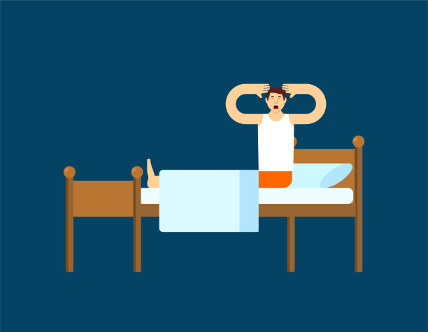 男人醒了，坐在床上。人醒来。图片下载