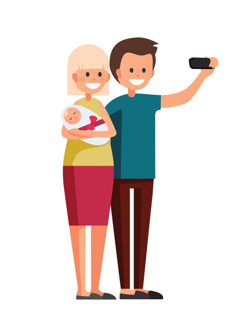 幸福的夫妇在爱的故事矢量插图。与宝宝的家庭自拍。幸福的全家福。父亲，母亲和孩子。平面风格的人物插图。图片下载