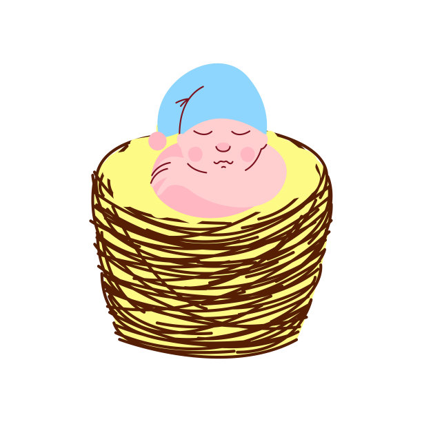 可爱的新生儿在浅蓝色侏儒帽睡在柳条篮子矢量插图图片下载