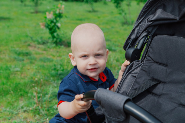 一个小孩子站在婴儿车旁，在温暖的夏天图片下载