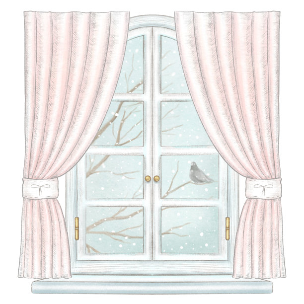 水彩画和铅笔窗，粉色窗帘和冬季景观素材图片