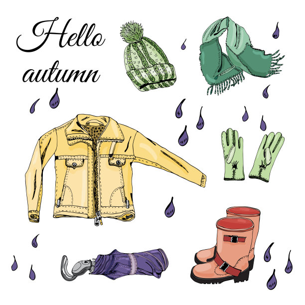 收集与手绘项目的秋天衣服和水滴。墨水和彩色素描元素孤立在白色背景上。图片下载