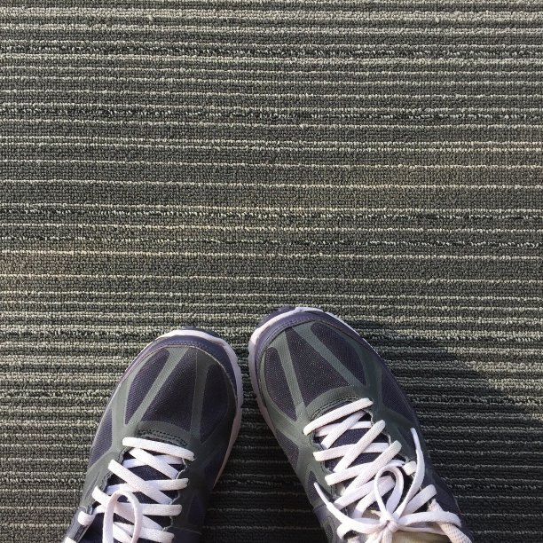 女性在紫色运动鞋鞋孤立。前视图。女人穿跑步运动鞋城市地毯背景。图片下载