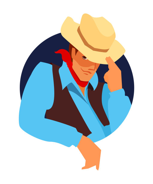 牛仔。英俊的男子自信地看着他的眉毛，举起他的手，触摸帽子，微笑。图片下载