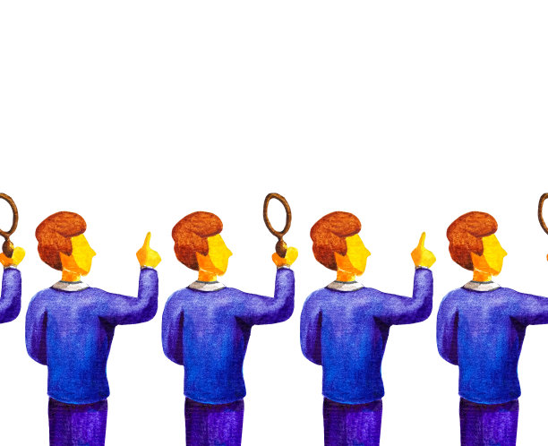 无缝边界图案的年轻商人或侦探在蓝色西装拿着或显示放大镜，并指向手指向上。搜索，找到概念插图在水彩卡通风格。图片下载