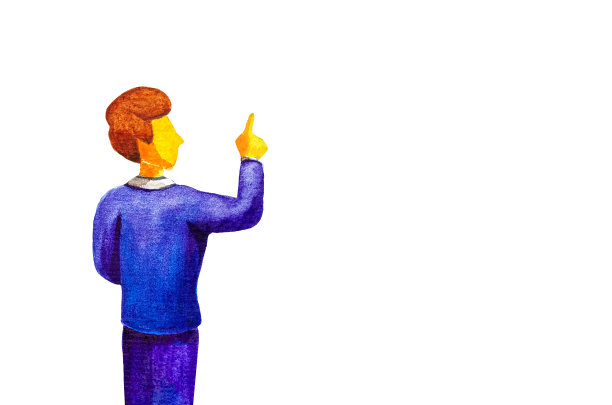 后视图的年轻的商人在复印空间触摸手指孤立的白色背景。全身像的商人站在后面水彩画风格。文本。图片下载