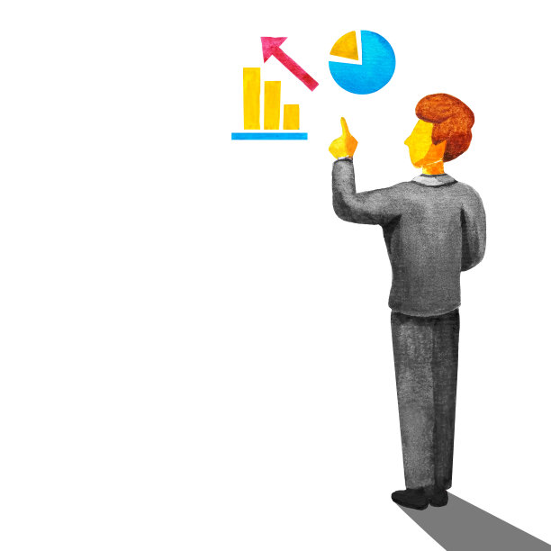 年轻的上班族、商人、教师，穿着灰色套装，手指指着数据、图表、箭头。水彩，孤立，长阴影。搜索商务教学理念图片下载