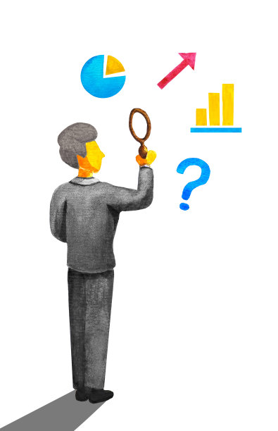蓝色西装的老人拿着放大镜。成熟的上班族用放大镜看图表、图表、箭头和问号。水彩孤立在白色背景图片下载