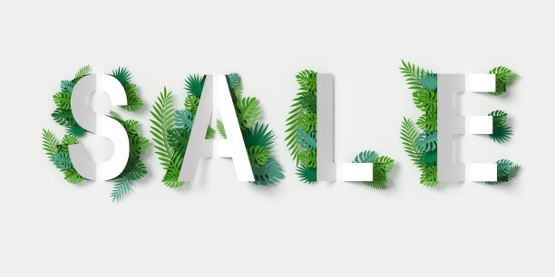 白色销售旗帜剪纸和绿叶纸工艺花卉3d渲染，与剪切路径图片下载