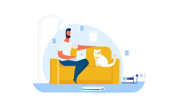 男性角色和可爱的猫坐在沙发上。图片下载