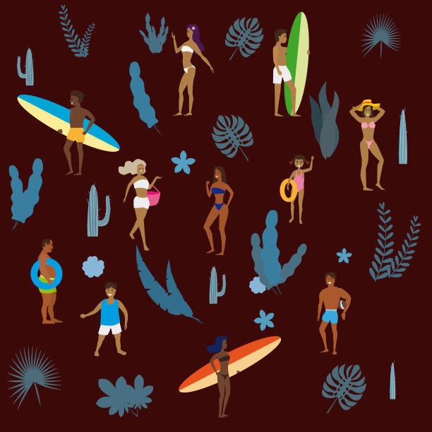 让人们在海滩或海滨放松和进行夏季户外活动-日光浴，散步，携带冲浪板，在海中游泳，海洋。奇异的植物，叶子，花。趋势平面卡通风格，矢量，孤立图片下载