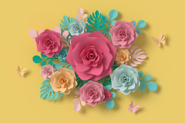 花纸风格，五彩玫瑰，纸工艺花，蝴蝶纸飞，3d渲染，带有裁剪路径。图片下载