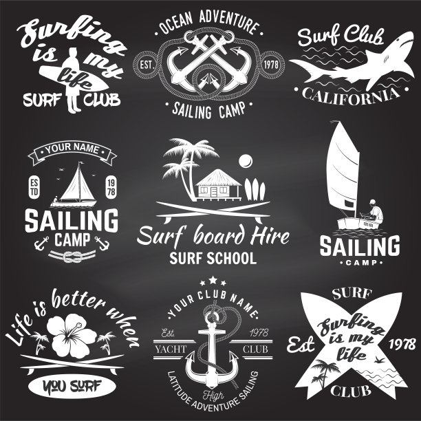 一套帆船营，游艇俱乐部和冲浪俱乐部徽章。向量。概念衬衫，印刷，邮票。复古排印设计与冲浪板和帆船轮廓。极端的水上运动。图片下载