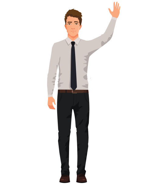 矢量插图的商人在正式的衣服与手。卡通人物写实插画。穿衬衫打领带的工人。前视图。的问候。图片下载